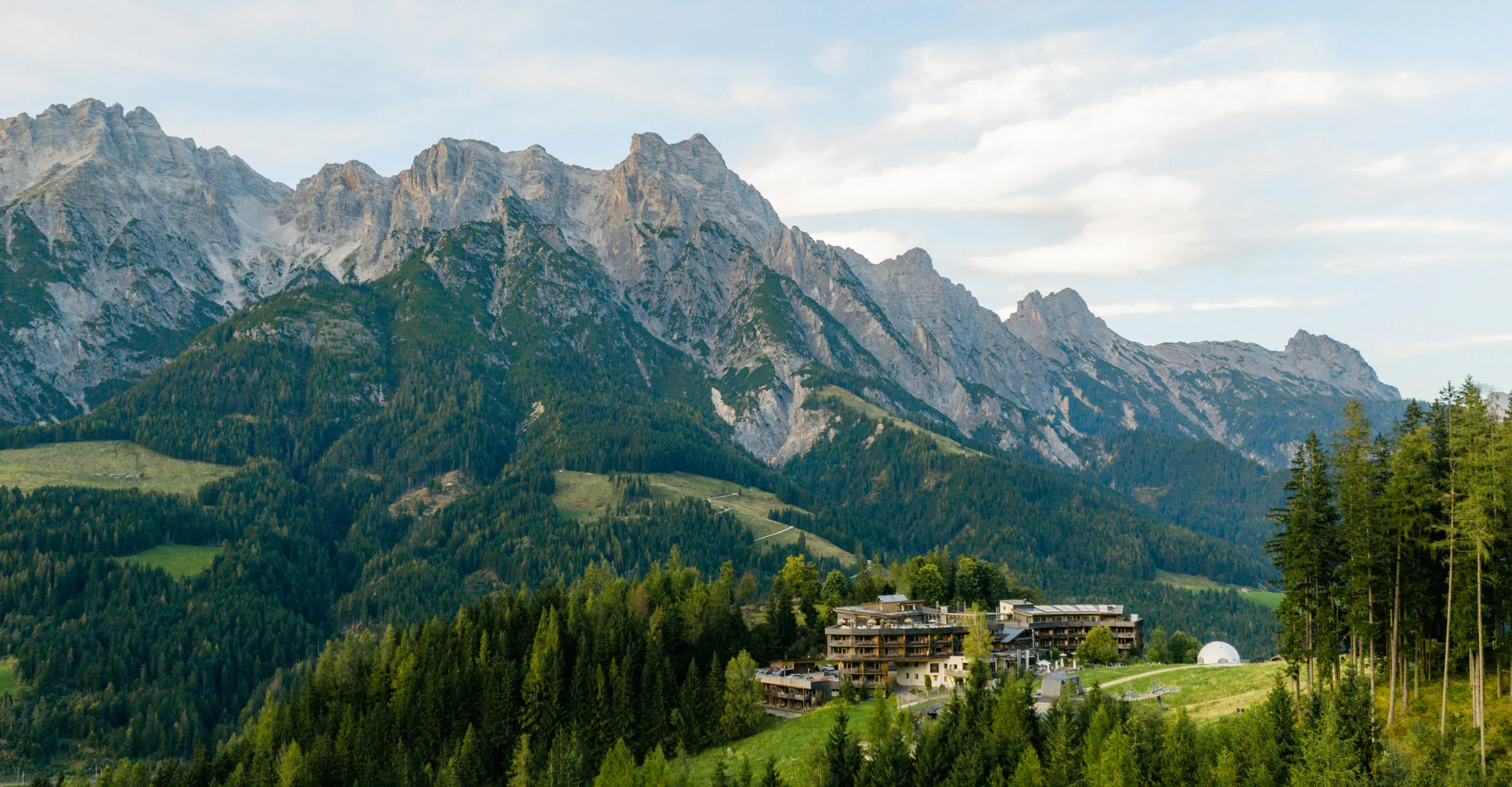Paysage de montagne avec une vaste forêt et l'hébergement